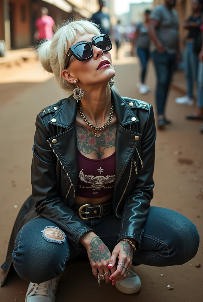 russian old milf woman, , blonde platinum hair (beehive bun) and oversized square sunglasses as headband), with very light green eyes, extremely pale. No tan. Wearing studded aged cropped black moto jacket (zippers on the side). Cropped short dark burgundy push up t-shirt with skull and wings logo and gothic lettering,, dark skinny low rise blue jeans with holes on knees (white cotton visible). White tennis sneakers. Lots of thick wide studded bracelets, chain collars and big rings. Tacky wide studded leather belt with big eagle oval buckle. Long earrings with chains. Kneeling and looking up at the sky, stretching her neck.. Hands on knees, spread legs, Toned abdominals, thin neck, slim legs and thin arms. Narrow hips. Heavily tattooed in colour on chest, hands, neck and arms. Crowded street of Nairobi