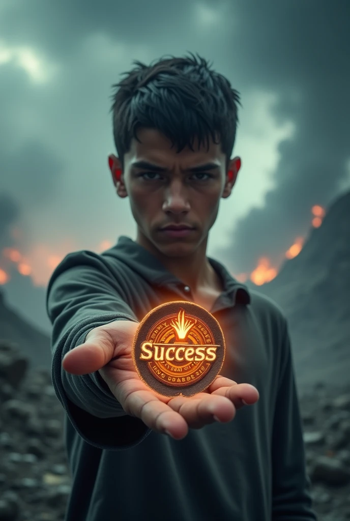 A boy in serious mood and write a success logo on palm background in very dangerous and many challenges