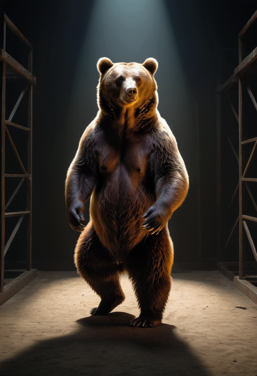 (an anthropomorphic brown bear), Dystopian, Dark and moody, Rayleigh Scattering, Darkened, Split Complementary Colors, Specular Highlights, Mechanochromism. Beautiful cinematic lighting, surreal, color graded, dynamic movement, captivating chiaroscuro, (special effects:0.1), full body, award-winning, cinematic still, emotional, vignette, dynamic, vivid, (masterpiece, best quality, photorealistic, Professional, perfect composition, very aesthetic, absurdres, ultra-detailed, intricate details:1.3)
