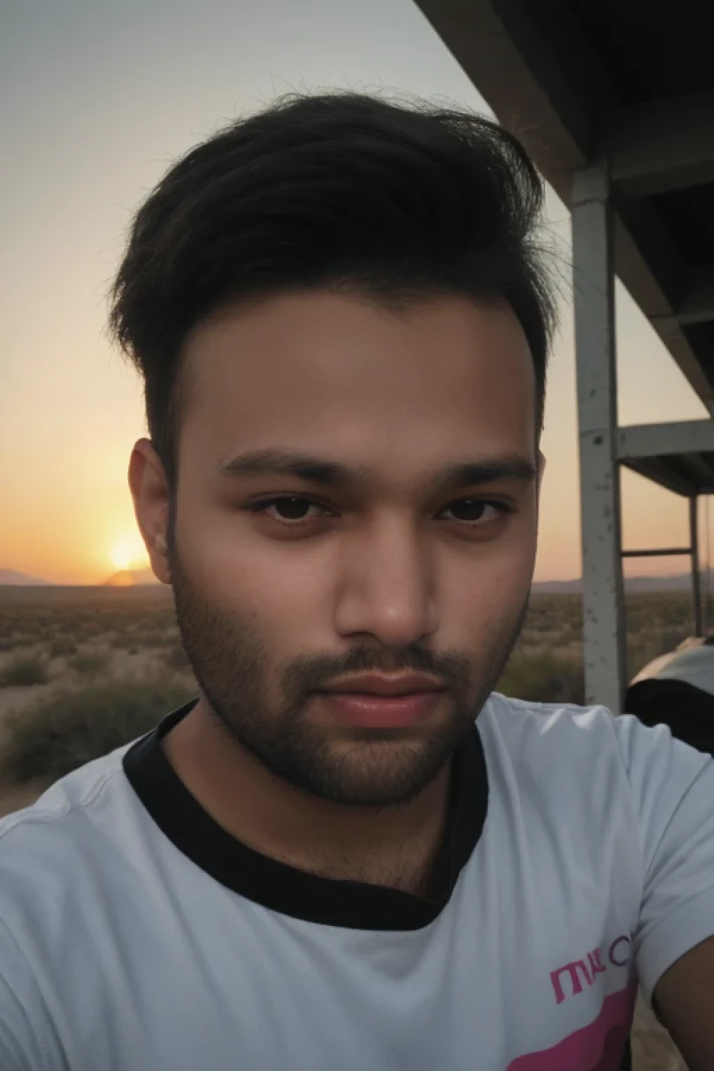 Potrait of an young man with sort beard.a sunset and a pink line in the desert in the style of ominous vibemonochromatic artworks,felicia simion,digital art techniques light black and magenta,tumblewavelight black and orange--q2--s750--v 5.