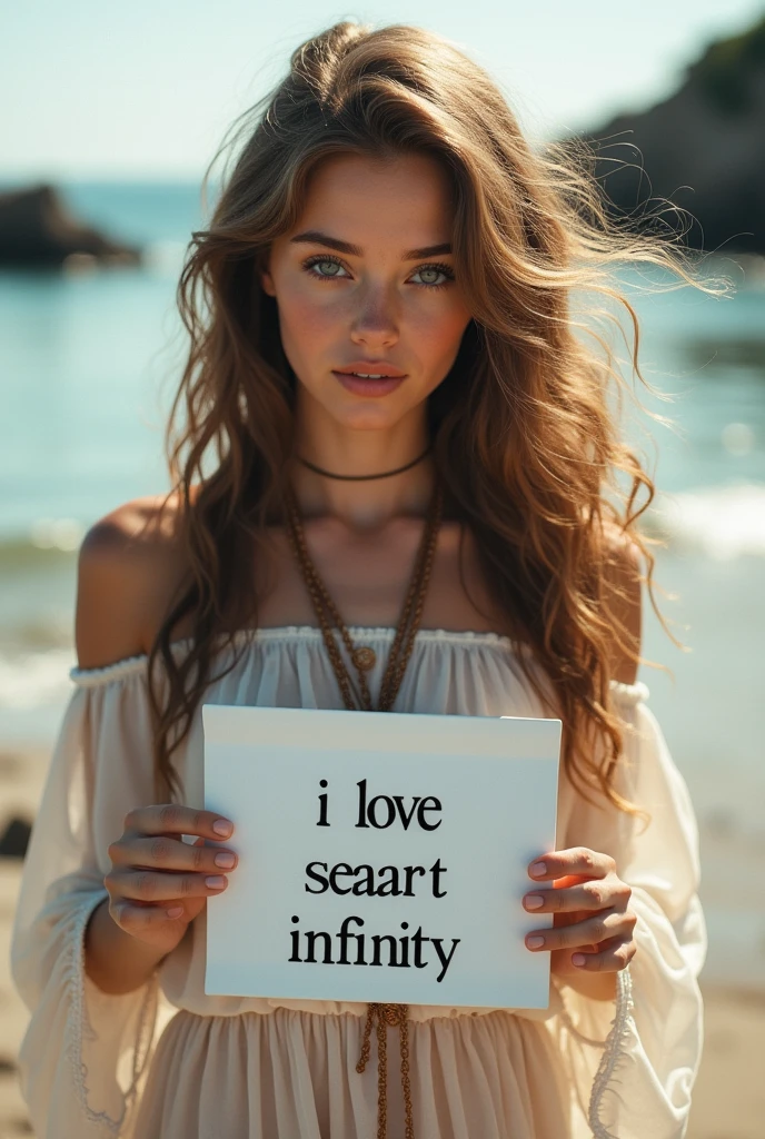 Beautiful girl with wavy long hair, bohemian dress, holding a white board with text "I Love Seaart Infinity" and showing it to the viewer
