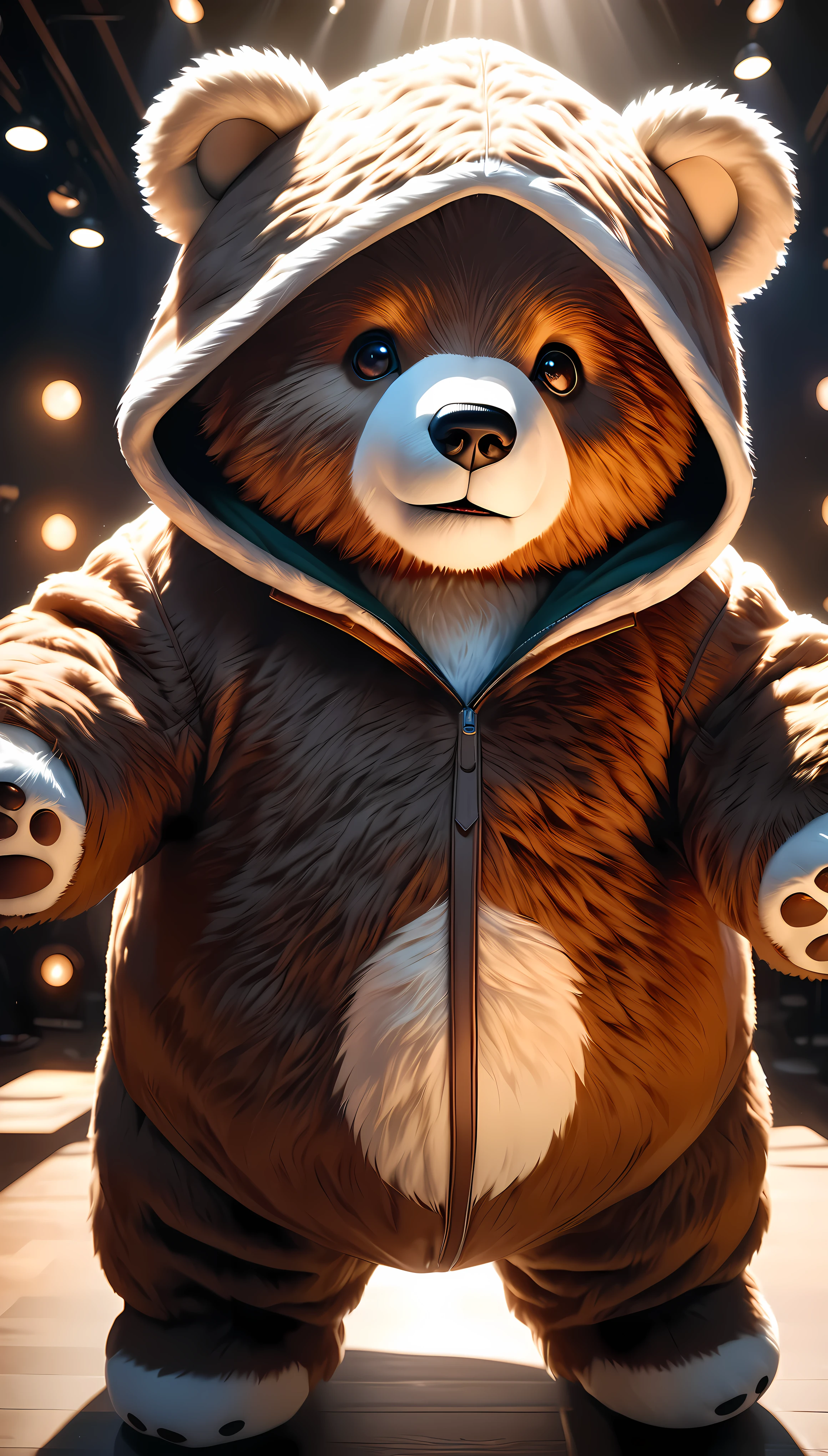 a white bear wearing a brown bear costume, white fluffy bear, brown bear costume with hood, cute bear, photorealistic, 8k, high quality, masterpiece, detailed fur texture, detailed costume design, studio lighting, realistic lighting, vibrant colors, warm lighting, soft focus