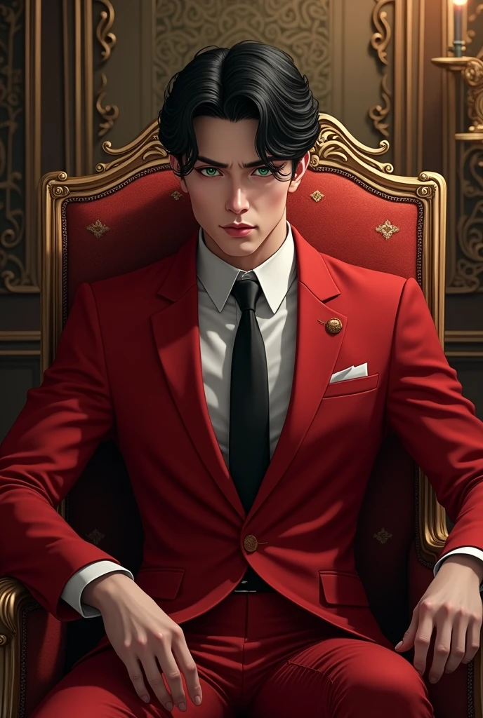 (Manhwa:3.2) Black Hair, Green Eyes, Handsome Face Red Suit, Black Tie, Royal Room Background, Sitting in a chair,