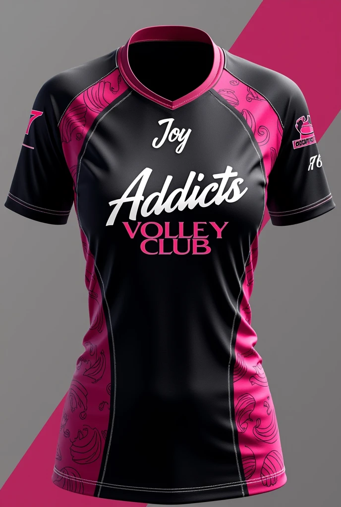 Make a volleyball pattern shirt that has a front and back, the name "Addicts volley club" and beautiful details that have reference to volleyball, in black and pink (predominantly black) as costas com the name "Joy" and number "7", if it's a pretty blouse