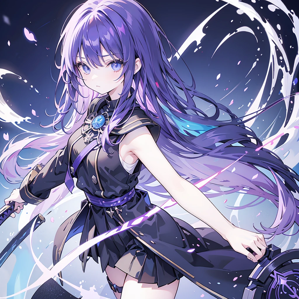 Anime character, female, blue eyes, long hair, black and purple hair, cold face, mage outfit, holding a black sword.