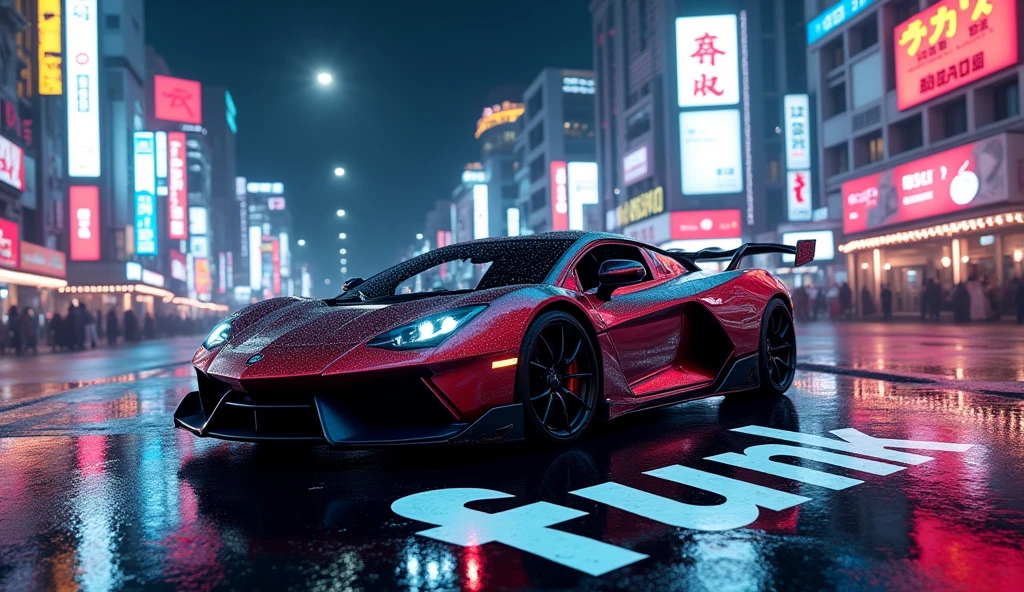 Voiture de luxe dans la ville de Tokyo la nuit avec écrit Funk sur le sol