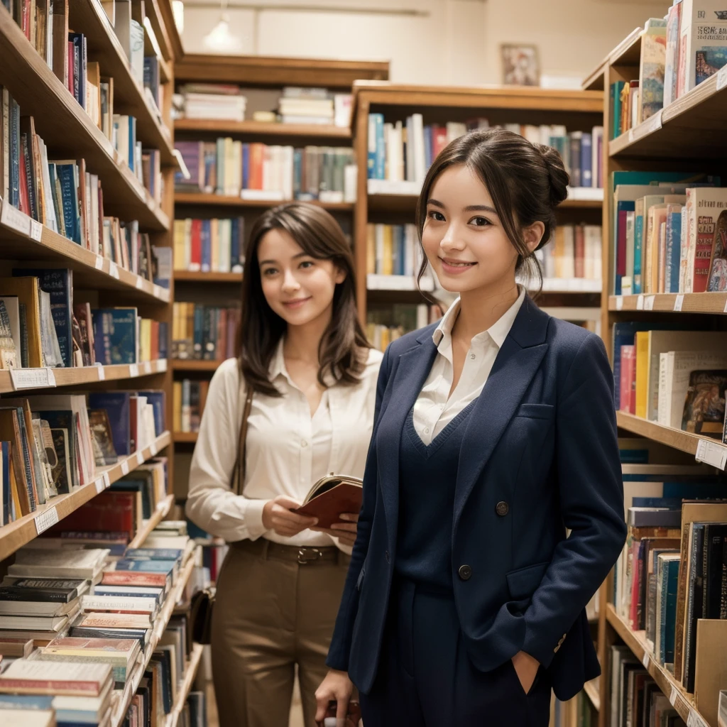 Photorealistic, high-quality 32k photo of a beautiful French girl in a smart casual outfit, with detailed eyes and an engaged smile, browsing books in an old bookstore. She’s wearing a fitted blazer over a soft blouse and slacks, with comfortable loafers, her hair styled in a neat bun. The image captures her surrounded by shelves of books, emphasizing her intellectual curiosity and the quaint charm of the bookstore