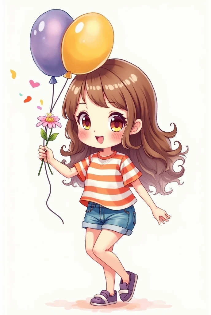 A colorful chibi-style illustration with a watercolor style of a female character with long, wavy brown hair, holding a flower in one hand and a balloon in the other. The character is wearing a (colorful striped t-shirt), (denim shorts) and shoes. The expression on the character's face is cheerful, with rosy cheeks and big eyes. kawaii, cute; by Teagan White and Sally Cruikshank
