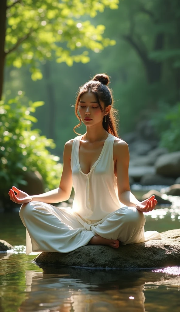 Create a peaceful scene of a beautiful woman looking into the lens with a pretty face meditating on a large rock next to a clear stream. She sits cross-legged in a simple white dress, her face calm and her lush surroundings, resplendent with greenery, illuminated by bright sunlight, adding vibrancy to the scene. nature."