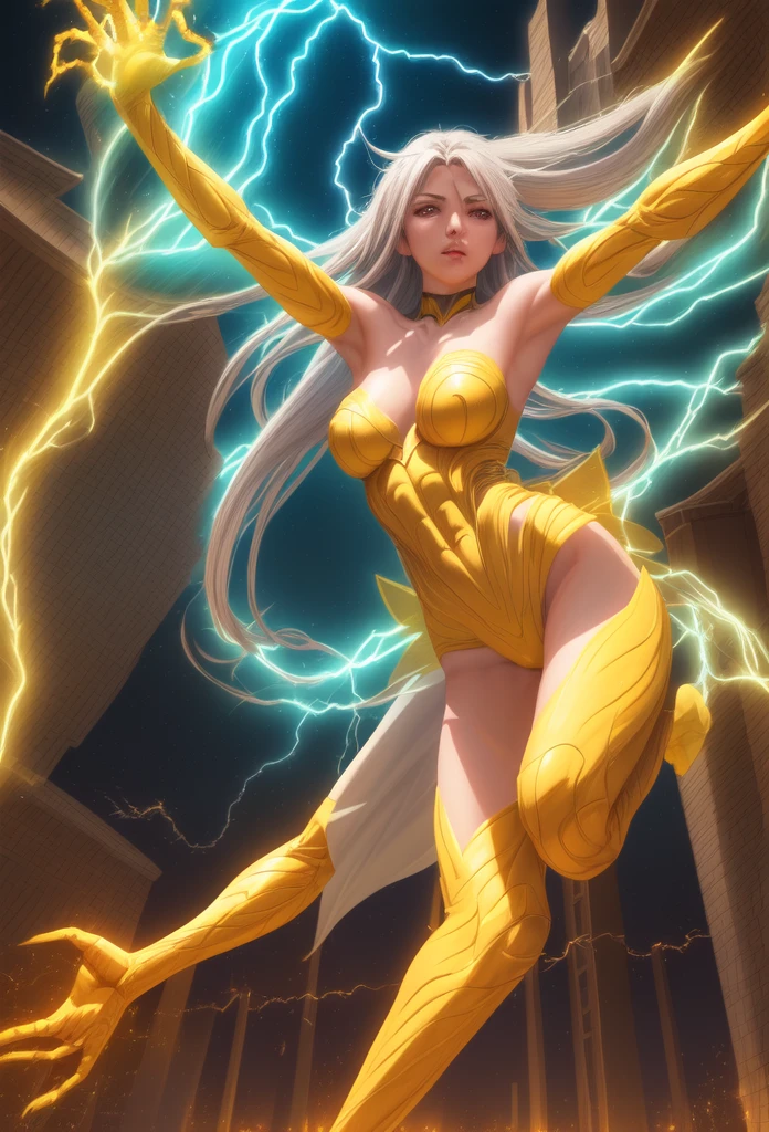 Katalina Thunderbolt, superheroine, Goddess of Thunder, mid-air pose, one arm lifted, shooting lightning arrow, glowing eyes, thunderbolt bow coming feom her hand lifted, sleek alluring form-fitting yellow costume, electrifying patterns, glowing accents, agile flexible physique, vibrant electric currents, dynamic stormy sky, bolts of lightning, swirling clouds, central composition, digital illustration, fantasy art, superhero art, intricate details, cinematic, ultra-detailed, 32k resolution, epic lighting, stunning composition, beautiful masterpiece