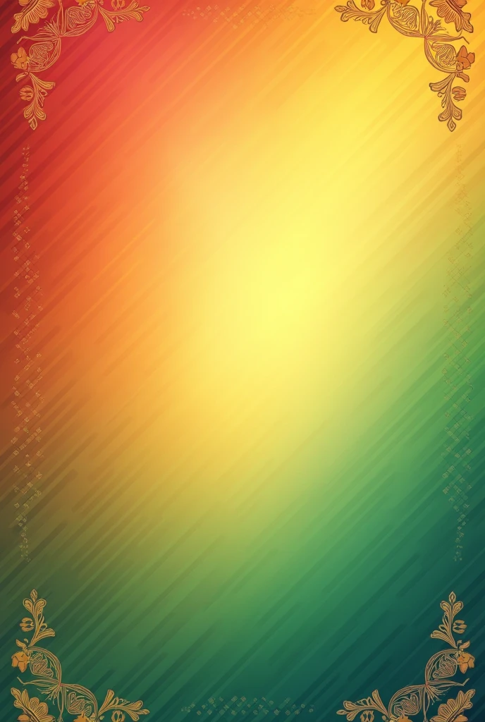 Main Background Color: Gradient from red to yellow to green.
Pattern: Soft diagonal lines or subtle textures.
Additional Elements Corners: Decorated with traditional Bolivian motifs. And gastronomy