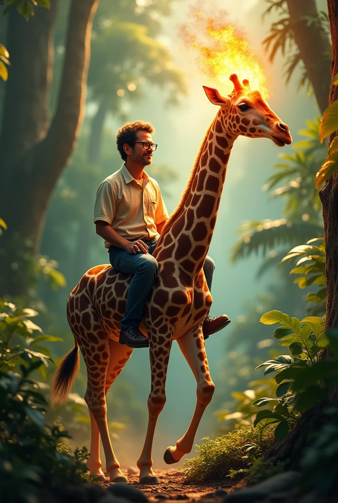 President Luis Inácio Lula da Silva riding a small fire-breathing giraffe in the middle of the Amazon rainforest