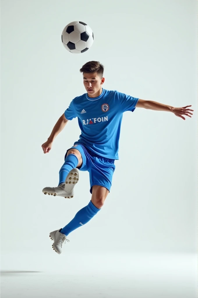 Keepy-uppie challenge playing ball in blue uniform 