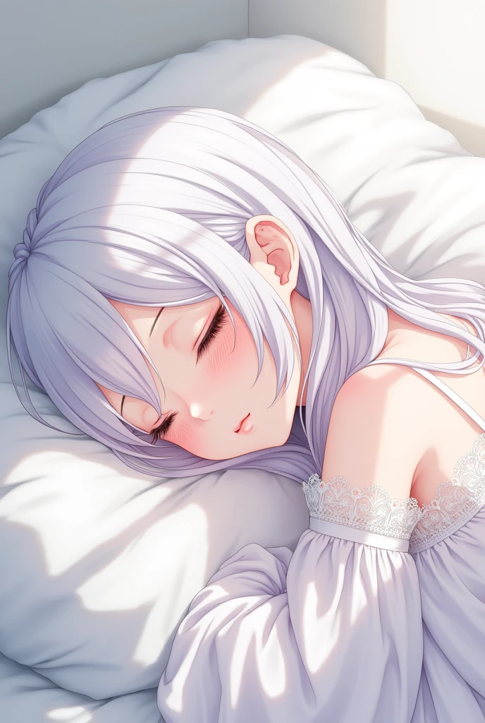 Japanese anime style,White-haired girl,On the bed,Wear white,like