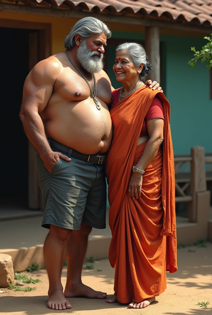 Generate a realistic full-body portrait of a 60-year-old silverdad kissing a mature Indian woman. The man is virile, tough, and stocky, with a big, hairy belly and chest, massive feet, and is barefoot. The woman has gray hair, a warm smile, and a plump, full body with large breasts. The couple is standing in front of a traditional Indian house, bathed in soft, natural light. The background should be a colorful, vibrant Indian village setting, full body side view,(best quality, 4k, 8k, high, masterpiece: 1.2), ultra detailed, ( realistic, photorealistic, photorealistic: 1.37), detailed face, intricate details, cinematic lighting, dramatic lighting, cinematic angle, cinematic pose, dramatic shadows