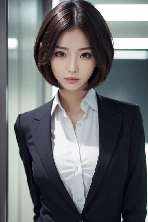 beautifully、aesthetic, Perfect lighting, (One person), (黒いhair, 茶色 eye, Medium chest), Office Lady　suit　Cut and sew　露出少なeyeOL, slim, slim body, Medium chest, , Detailed Background, Realistic, alone, Face in perfect detail, detailed eye, Very detailed, hair　Short Bob _eye, squint,