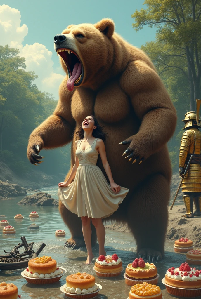 brown bear is woman, woman is brown bear, screaming, river、Lots of cakes scattered around、Golden Samurai、Broken Bicycle、Detailed bear、Masterpiece、