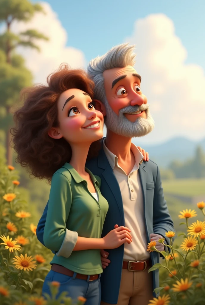 Pixar style image of a couple, full body shot. the wife is in front , She has a green shirt, She has light brown curly hair, white skin, The husband behind her is white-skinned, grey hair, shaved beard white shirt and blue jacket, They are looking towards the horizon, they are smiling