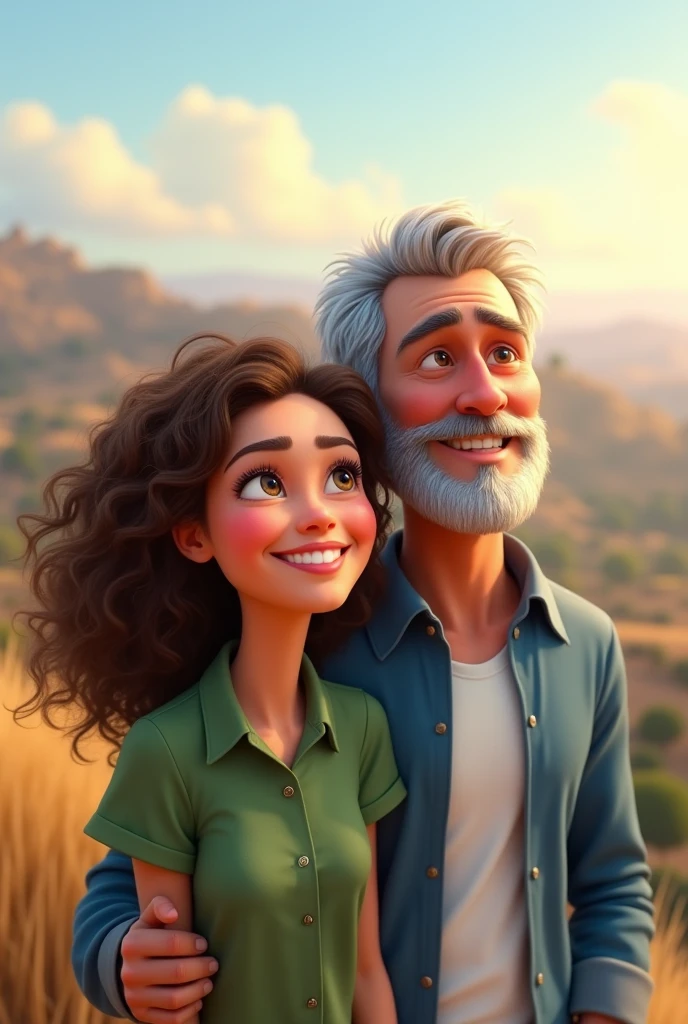 Pixar style image of a couple, full body shot. the wife is in front , She has a green shirt, She has light brown curly hair, white skin, The husband behind her is white-skinned, grey hair, shaved beard white shirt and blue jacket, They are looking towards the horizon, they are smiling