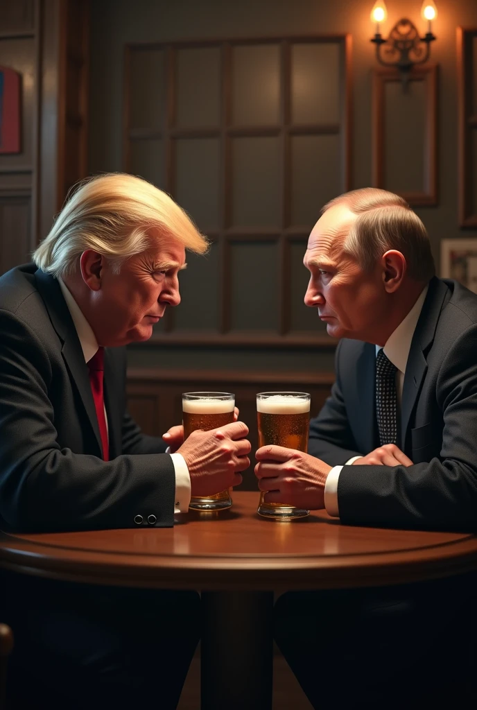 Biden having a drink with Putin in a bar, laughing, with dancers around, detailed, realistic, world leaders