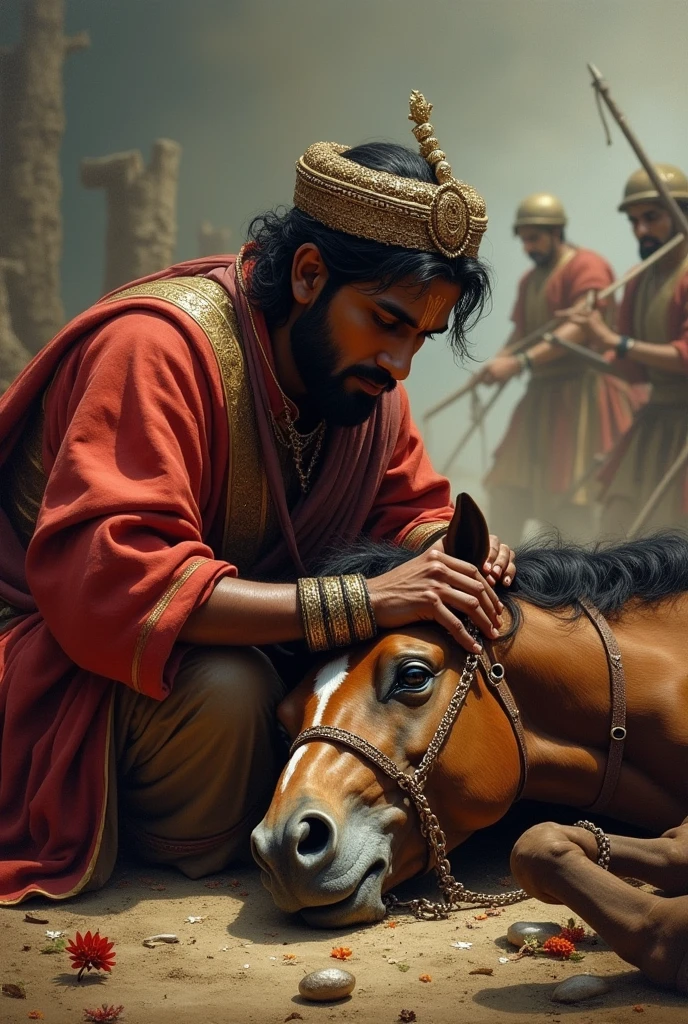 Maharana Pratap, grieving over Chetak's body, his expression a mix of sorrow and respect. He gently places his hand on Chetak’s head, paying tribute to his loya