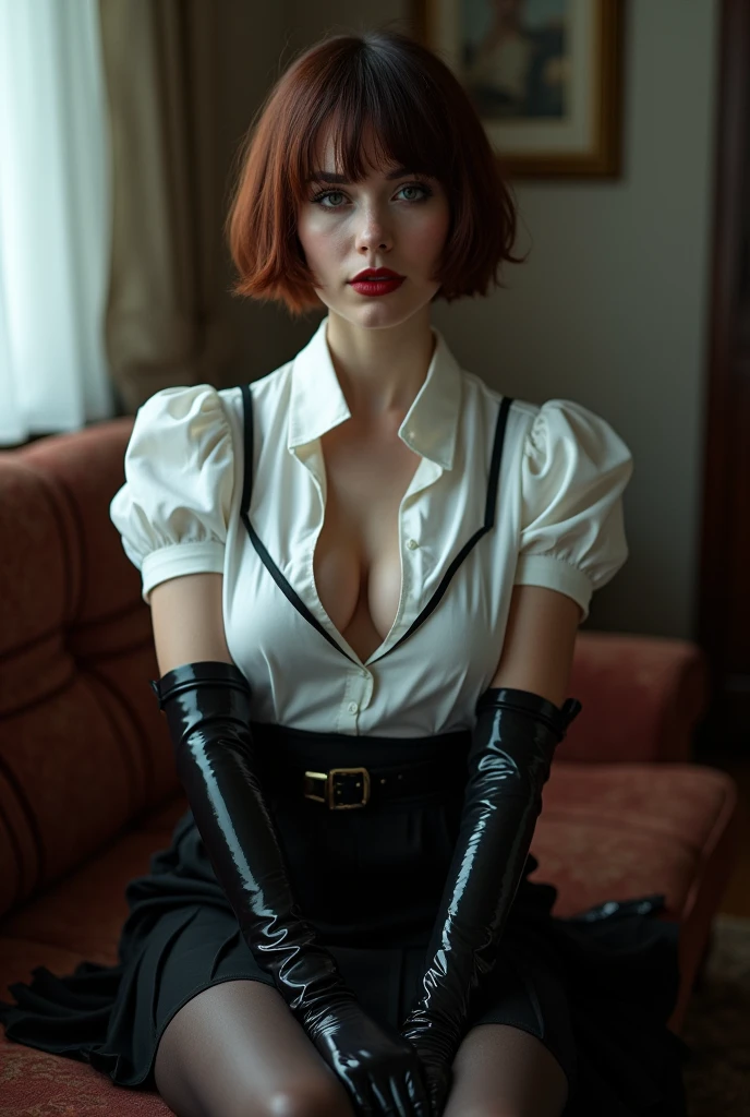 professionally color graded photograph. Fetish. Erotica A sexy, busty Ukrainian woman. with short dark auburn paige cut wig. smoky eyeshadow. black eyeliner. deep red lips. Winter evening. Wearing white blouse with collar and short sleeves. cleavage. wearing black Knee length pleated skirt. wearing nylon pantyhose. high heel shoes with ankle straps. (wearing black rubber apron over blouse). (Wearing aimpit length shiny black latex gloves). tightly fitted gloves, no wrinkles. Arms completely covered in black latex gloves. Sitting demurely on sofa, inside old apartment in Russia. Lights turned off. Light from window. (view from front). POV eye level. evil smile. Eye contact. ektachrome, 50mm lens. depth of field. accurate proportions.