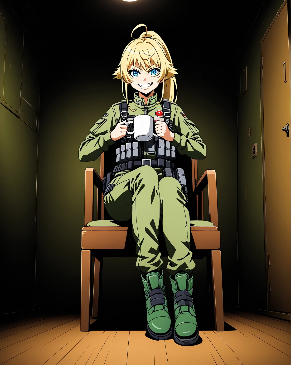 score_9, score_8_up, score_7_up,score_6_up, score_5_up, score_4_up BREAK source_anime, TanyaDegurechaff, 1girl, smile, blue eyes, blonde hair, ponytail, ahoge,jacket, military, soldier, flight suit, smile, (grin:0.7), green pants, holding, sitting, boots, cup, chair, crossed legs, holding cup, mug, view from below, dark room,