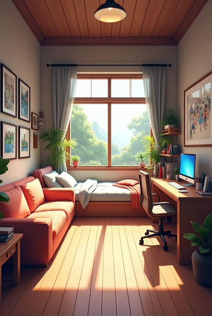 Make a simple anime room, with which you can sit by the window(there will be a sofa built into the window), have a bed a little far away and a computer desk a little bigger. That you have a medium-sized wall for several photos and the photos were hung