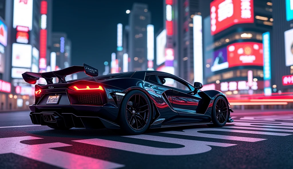 Voiture de luxe dans la ville de Tokyo la nuit avec écrit Funk sur le sol