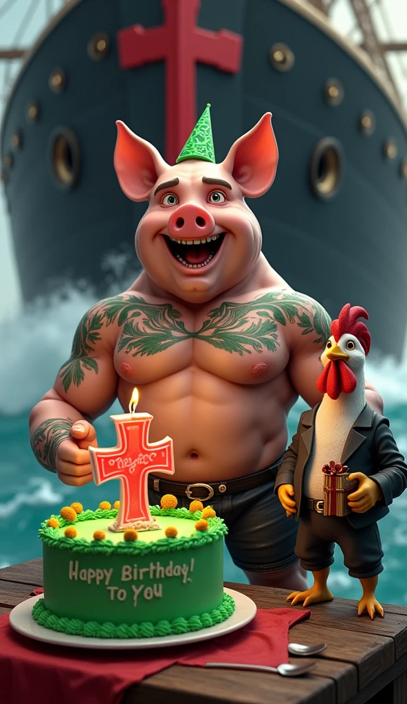 A muscular pig, puffed chest and shirtless, green tattoos, celebrating his birthday on the black ship black ship thick red Maltese cross highlighted, big waves around, green birthday cake candle in the shape of thick red Maltese cross written Happy Birthday to you, guest bird muscular rooster, puffed chest, in open vest, holding present, wearing birthday hat