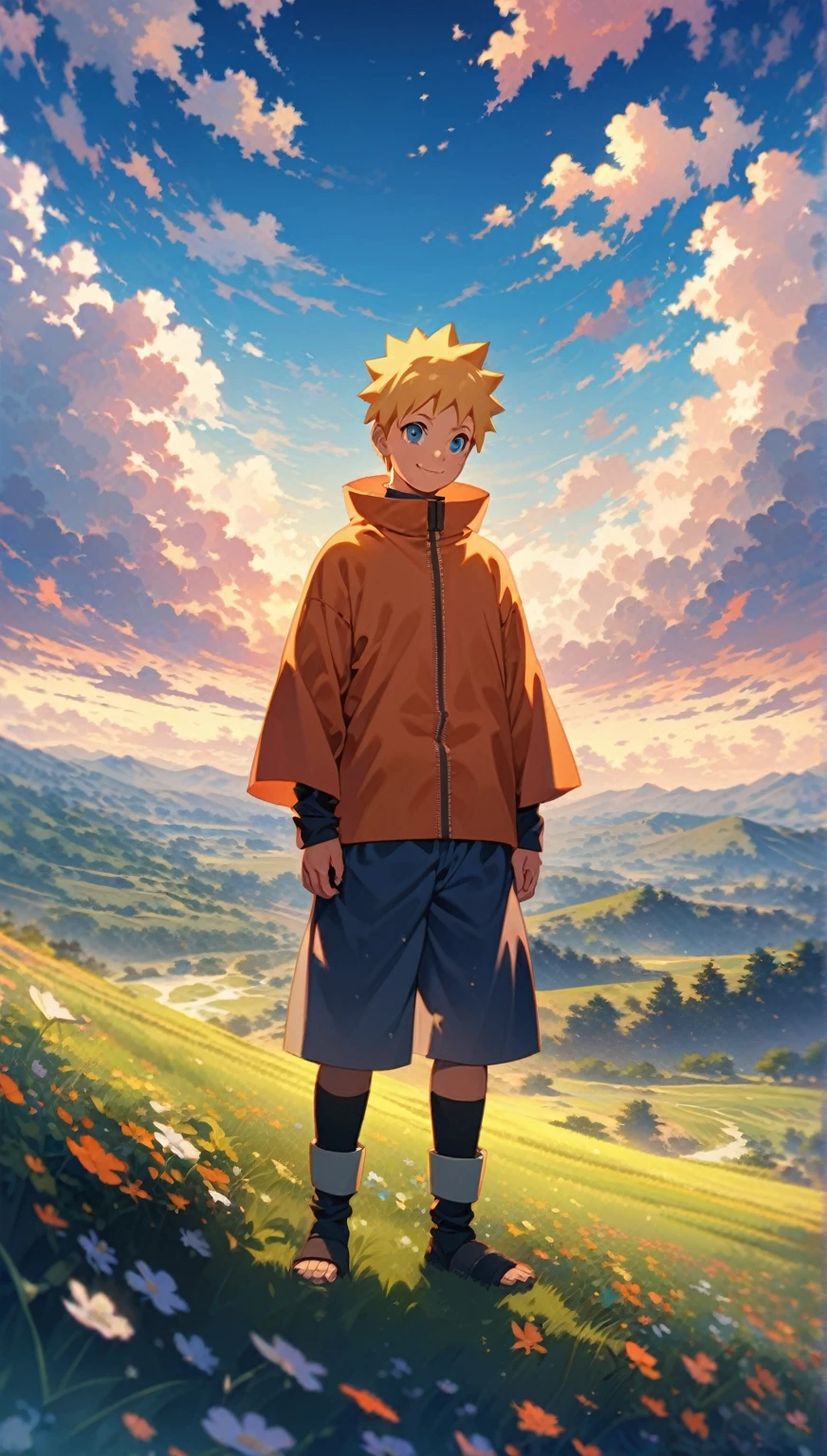 Generate an 8K AI image showcasing a young Naruto Uzumaki standing in a picturesque landscape, with a serene and peaceful atmosphere. The camera is positioned at a long distance, capturing Naruto's smiling face as he gazes out at the beauty around him. Surrounding Naruto is a tranquil scene of rolling hills, vibrant meadows, and clear blue skies dotted with fluffy clouds. The sunlight gently bathes the landscape, casting warm hues across the scene and creating a sense of calm and contentment. Ensure Naruto's expression reflects his youthful exuberance and joy, perfectly complementing the beauty of the peaceful background.