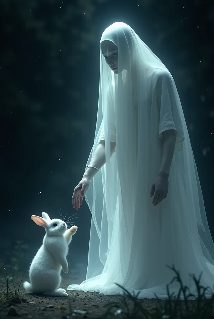 A white clothe ghost pick up the white rabbit hand in the night white rabbit is afraid ai image