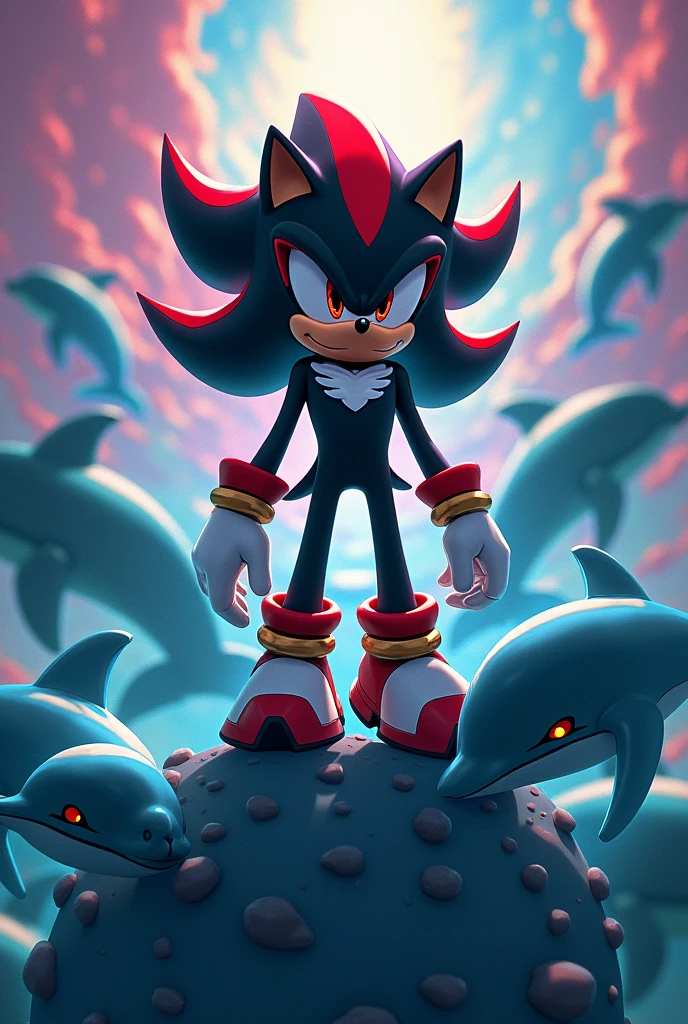 Makes Shadow the Hedgehog on top of colorful dolphins