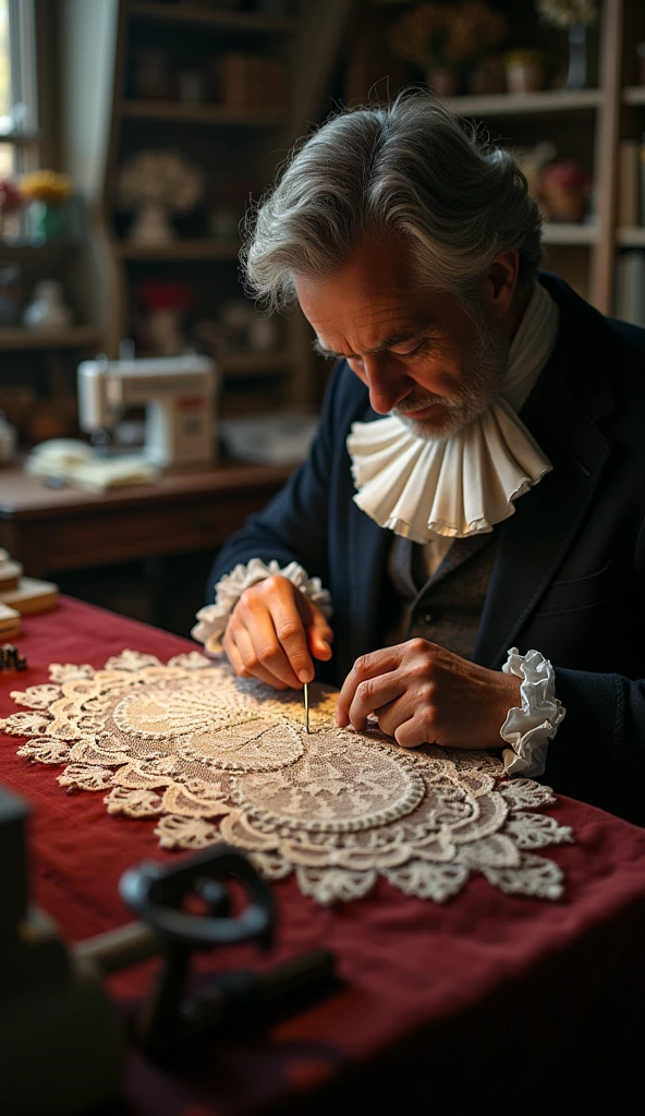 A close-up of a ruff collar being carefully stitched by a tailor, showing the intricate lacework and the high-quality fabric used. The background hints at the tailor’s workshop filled with luxurious fabrics and tools of the trade. The colors should be rich and cinematic.