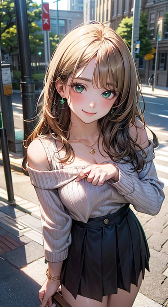 (masterpiece:1.2, Highest quality), (Realistic, photoRealistic:1.4), Beautiful illustrations, (Perfect lighting, Natural light), Depth of written boundary,
Beautiful detailed hair, Beautifully detailed face, Beautiful attention to detail, Beautiful clavicle, Beautiful body, Beautiful breasts, Beautiful thighs, Beautiful feet, Beautiful Hands,
View your viewers, 1 person, high school girl, Perfect Face, Cute and symmetrical face, Glowing Skin,
(Long Hair, Straight hair, Blonde), Swept-apart bangs, Emerald green eyes, Long eyelashes, (Medium chest, Thick thighs),
(Detailed cloth texture, Off the shoulder, Dark brown sweater:1.4, Super Skirt, dress, Bottomless), Wrist Chakra, necklace, Black bra,
(Beautiful views), evening, (street:1.2), Are standing, (Cute smile, Upward glance),