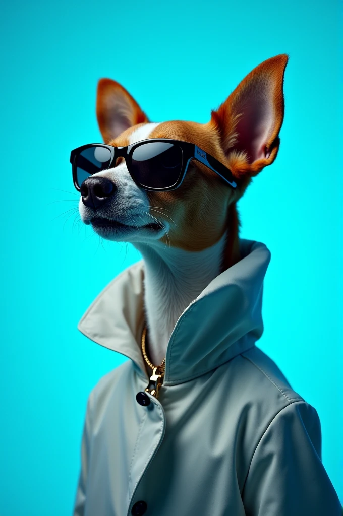 The best cell phone wallpaper, Award-Winning Wallpaper, portrait photography, In the front view is a portrait of a cute dog wearing mid-1960s space age fashion, Side view photo, Shot with Canon EOS R5, Set a strong contrast that accentuates the subject, Fluorescent blue tone, Wearing a very modern coat and sunglasses is a modern 1960s style, Clothes all in one color, beautiful background