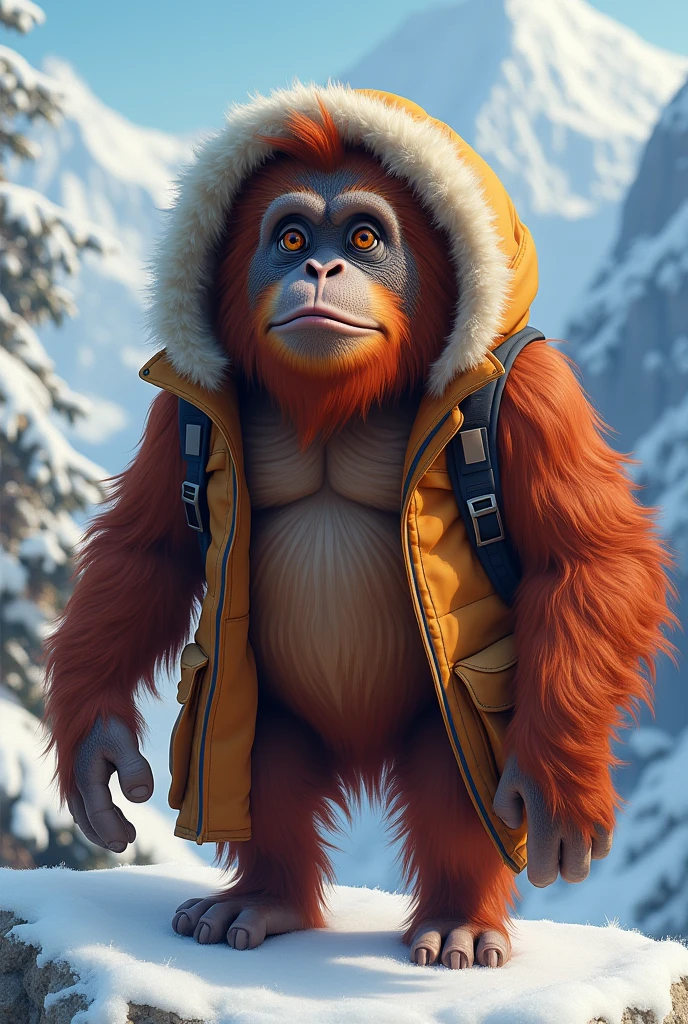An orangutan wearing a parka