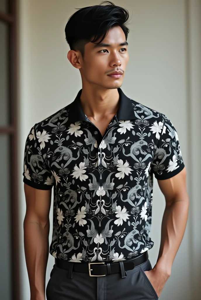 Picture of man with black and white floral polo and dark gray chino pants
