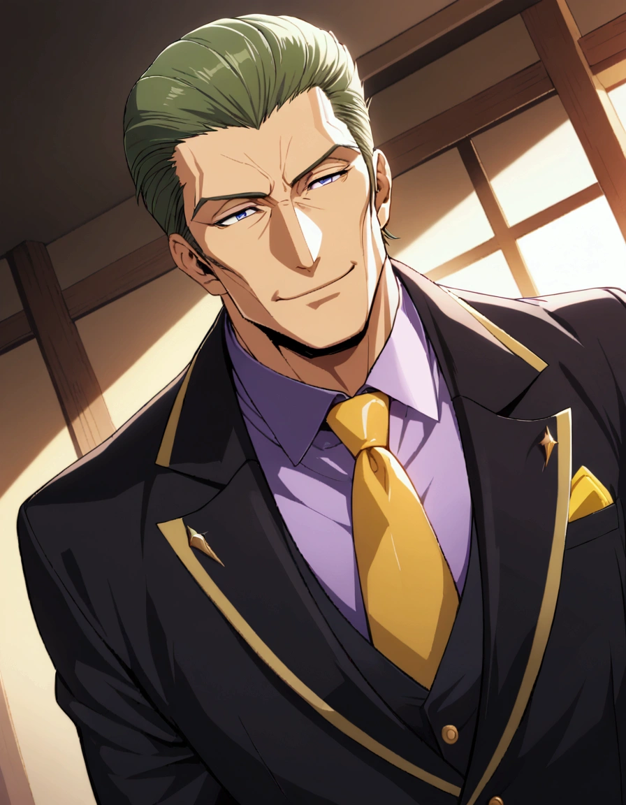 1man, (mature father in old hentai CG style, dandy president, moss olive hair, deepblue eyes, arafed spiky hair slicked back, businessman hairstyle), ideal ratio body proportions, BREAK (over 30s, elder producer, toned dilettante, high cheekbones, broad shoulder, square shaped face, handsome, beautiful detailed eyes, under 40s), BREAK (violet formal jacket, purplewhite shirt, yellow necktie, simple costume), BREAK solo, cool smile, smart emotion, BREAK upperlegs, romantic expression, 2000s, visual novel, in nitroplus style, BREAK depth of field, dutch angle, cinematic shadows, cinematic lighting, lens flare, light leaks, texture, absurdres absolutely resolution, extreme all detailed, greatest paint, BREAK masterpiece, best quality, BREAK score_9, score_8_up, score_7_up, source_anime, rating_safe, score_6_up, score_5_up, score_4_up