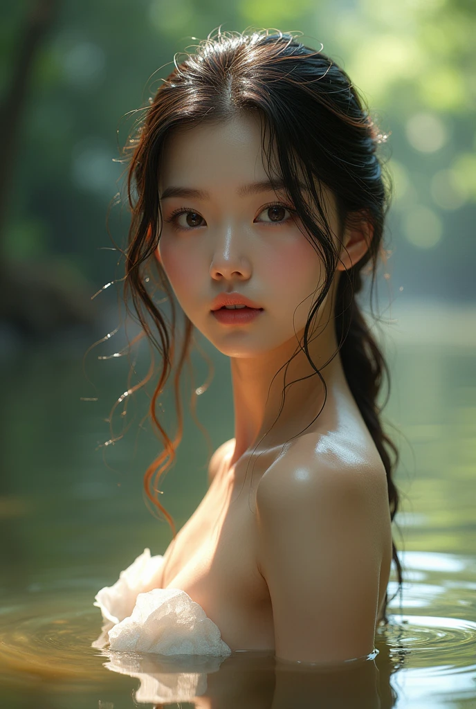 A young and elegant korean cute girl inside a river on the forest. The sunlight filtering through the trees illuminates her body, making her look like a goddess. (show her nipples:1.3) The scene is surrounded by gentle light, creating a calm and peaceful atmosphere. Ultra realistic, detailed wet skin texture, detailed beautiful face, detailed wet hair