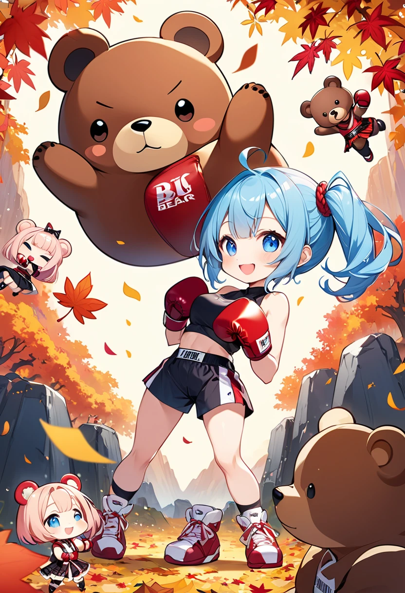 Highest quality、High resolution、Detailed Background、Beautiful face in every detail、Anatomically correct、Detailed facial expressions、fine grain、((full body, from below:1.5, looking viewer:1.2)), break ((One Girl:1.5)、((Chibi Girl:1.5)))、Bright pretty hair color、Big beautiful blue eyes、Fuller lips、Pink Lips、Braided twintails、Ahoge、break ((Boxing with a bear:1.5))、(Cute fall clothes、Cute hunting rifle、Cute long pants、Cute Shoes、Cute hair accessories)、break Fighting in the leaves:1.5、(Big smile:1.5、Happy expression:1.5)、break ((The background is autumn mountains々、Dazzling autumn leaves、Frog、Refreshing weather))