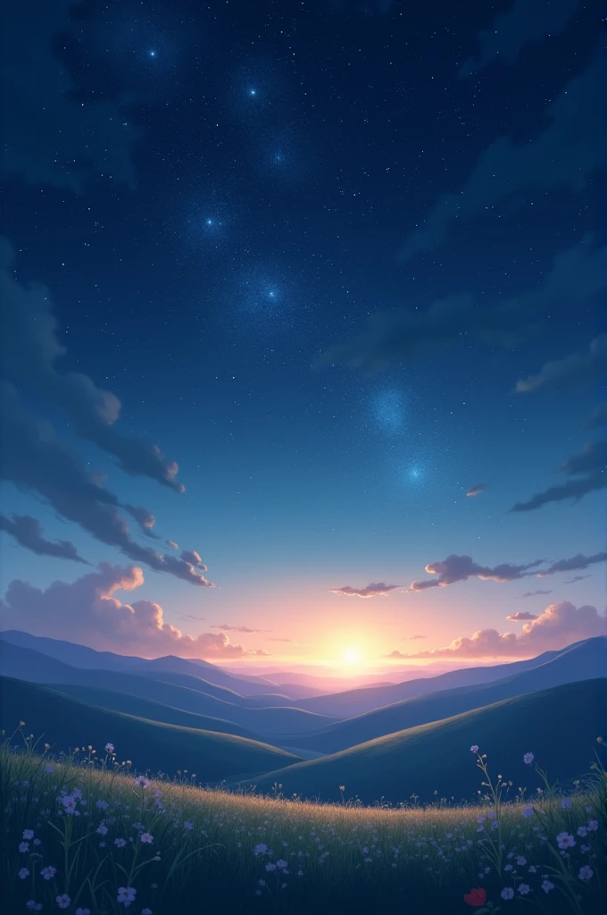 quiet landscape, followed by a starry sky