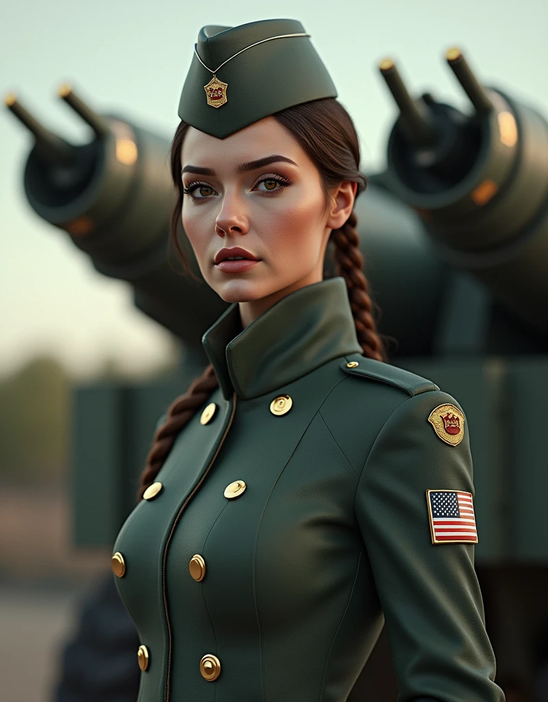 (photorealism:1.2), beautiful woman, missile turret, military uniform