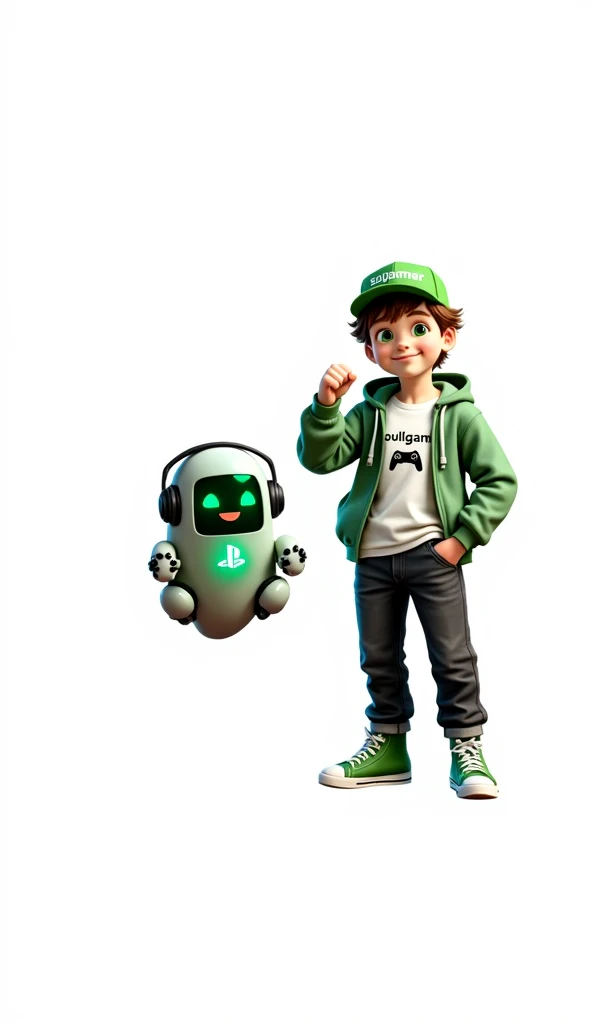 Create two characters that interact with each other. The two characters are friends through many adventures.
Character 1: Boy approximately 1 . He is tall. His facial expression is friendly and smiling., with big green eyes that convey a sense of curiosity and joy. your hair is short, brown in color and slightly disheveled, visible under the CAP. His cap is green and has a Playstation 5 controller printed on the front.. He wears a white T-shirt under a hooded jacket and matching cap.. The jacket has the word "Soulgamer" written visibly at chest height. He wears loose black pants that fit comfortably over green sneakers that match his jacket and cap., with white shoelaces tied tightly. Character 1 is standing with the fist of one of his hands clenched while the fist of his other hand is raised as if he is celebrating..
Character 2: Medium-sized robot mascot with ghost-like appearance. Resembling a drop. On his hands he has five well-defined fingers. His facial expression has large, green eyes with a glow, conveying a friendly and cheerful expression. He has a small open mouth with a happy smile and flushed cheeks.. Its body is white with small green details and a smooth, slightly shiny texture.. He has a headset on his head with an adjustable microphone positioned close to his mouth.. And on his chest you can see the illuminated shape of a Playstation 5 controller in fluorescent green.. It floats in the air, as if he were ready for an adventure.
The scene consists of a stone road with plants on the side and behind the characters you can see a portal where the word is written "Soul Gamer"