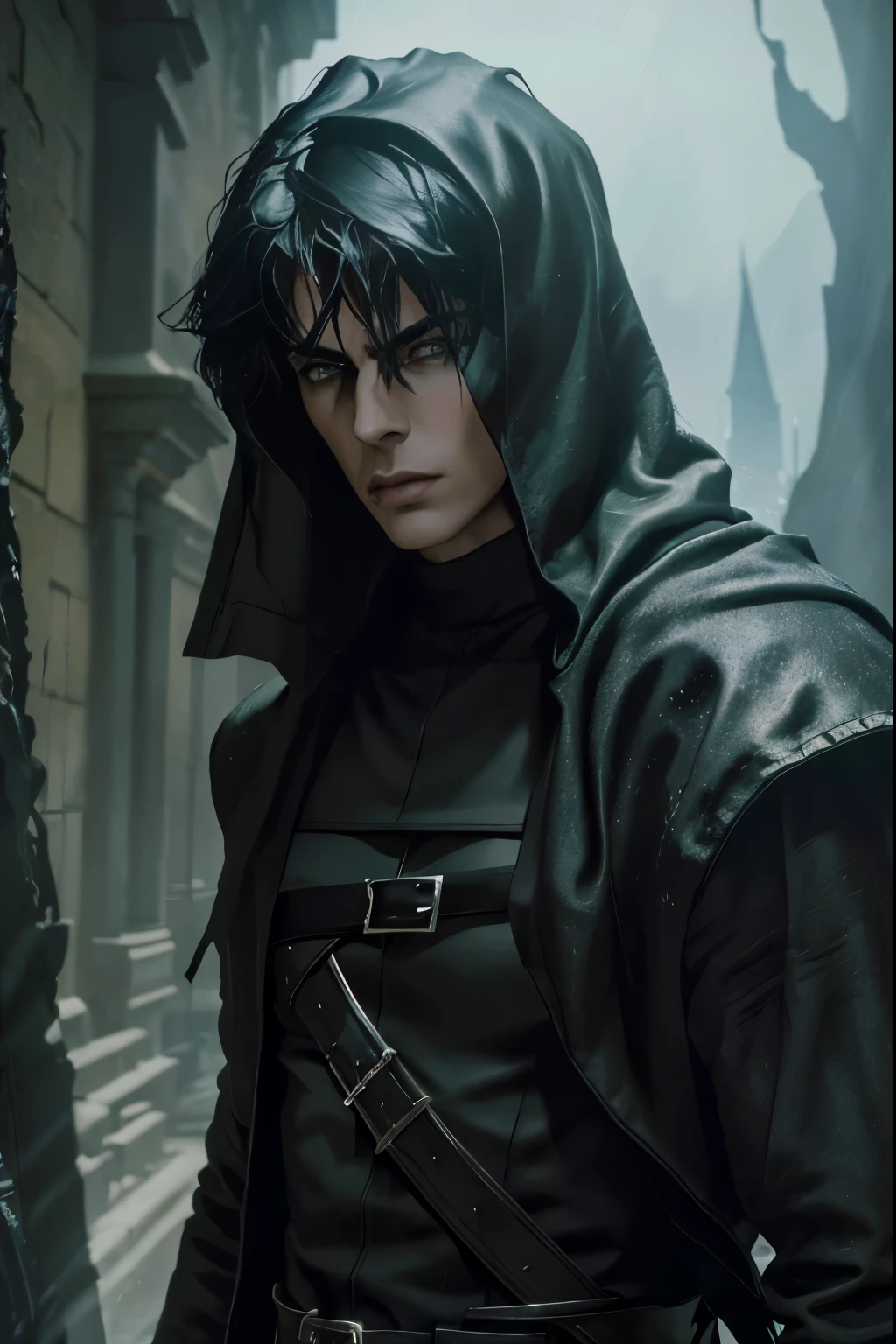 (an androgynous male assassin:1.1),wild black hair,green eyes,slim,black assassin clothing,in a castle,medium:oil painting,detailed background,moody lighting,vivid colors,dark and mysterious ambiance,ominous atmosphere