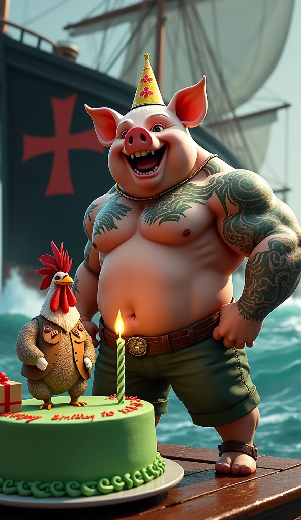A muscular pig, puffed chest and shirtless, green tattoos, celebrating his birthday on the black ship black ship thick red Maltese cross highlighted, big waves around, green birthday cake candle in the shape of thick red Maltese cross written Happy Birthday to you, guest bird muscular rooster, puffed chest, in open vest, holding present, wearing birthday hat