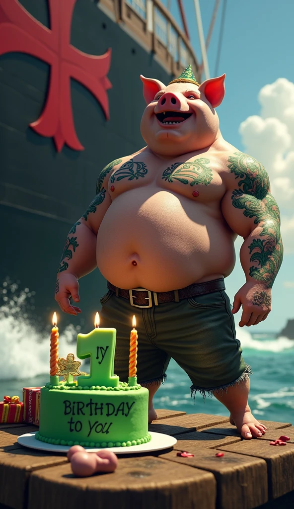 A muscular pig, puffed chest and shirtless, green tattoos, celebrating his birthday on the black ship black ship thick red Maltese cross highlighted, big waves around, green birthday cake candle in the shape of thick red Maltese cross written Happy Birthday to you, guest bird muscular rooster, puffed chest, in open vest, holding present, wearing birthday hat