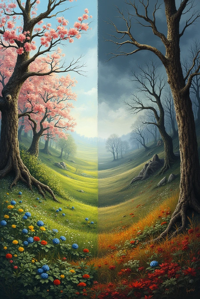 Can you create vertical split painting of spring on one side and autumn on other make autumn side more gloomy and dead 
