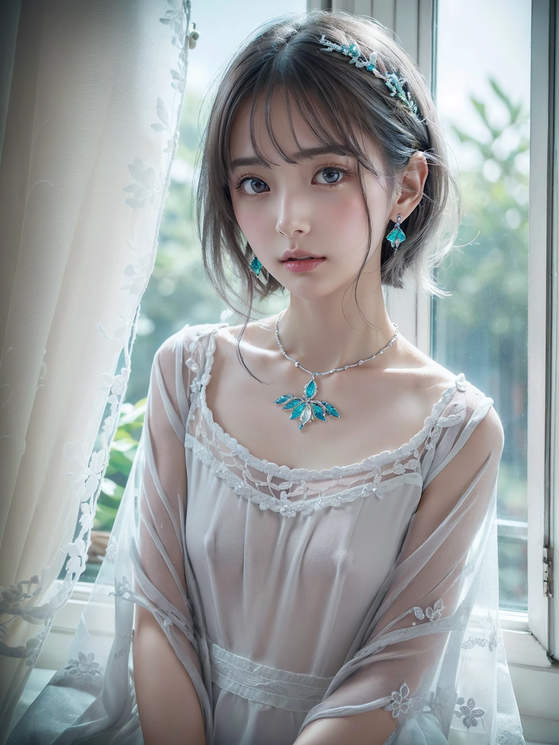 White camisole,Small breasts, (((とてもエレガントでbeautiful, Perfect detail, Very detailed))), whole body, The most detailed girl, Written boundary depth, 美しくdetailedなwhole body, Thin legs, 1 person, 30 years old, Very short hair, Spiked Hair, Gray and silver hair, beautiful detailed hair, Perfect Face, Expressionless, beautiful, detailed, Deep Eyes, Please open your mouth a little, Delicate arms and hands, Pale skin, Earrings, beautiful and gorgeous necklace, Colorful background, HD background, Blurred Background, とても繊細でbeautiful, masterpiece, (((Highest quality, とてもbeautiful8K CG壁紙))), (((Medium Hair))), (Inside the room,Stylish white interior,window)、Glowing Skin、Shiny Hair、