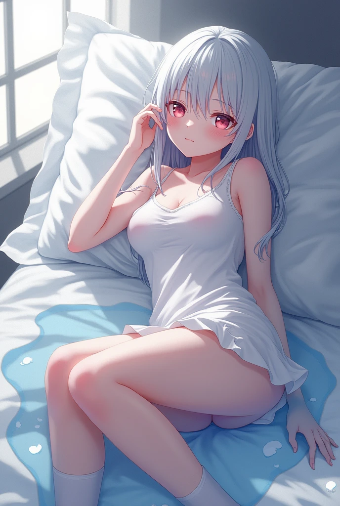 Japanese anime style,White-haired girl,On the bed,Wear white stockings,Charm,A little bit of reality,There is liquid,Clothes too